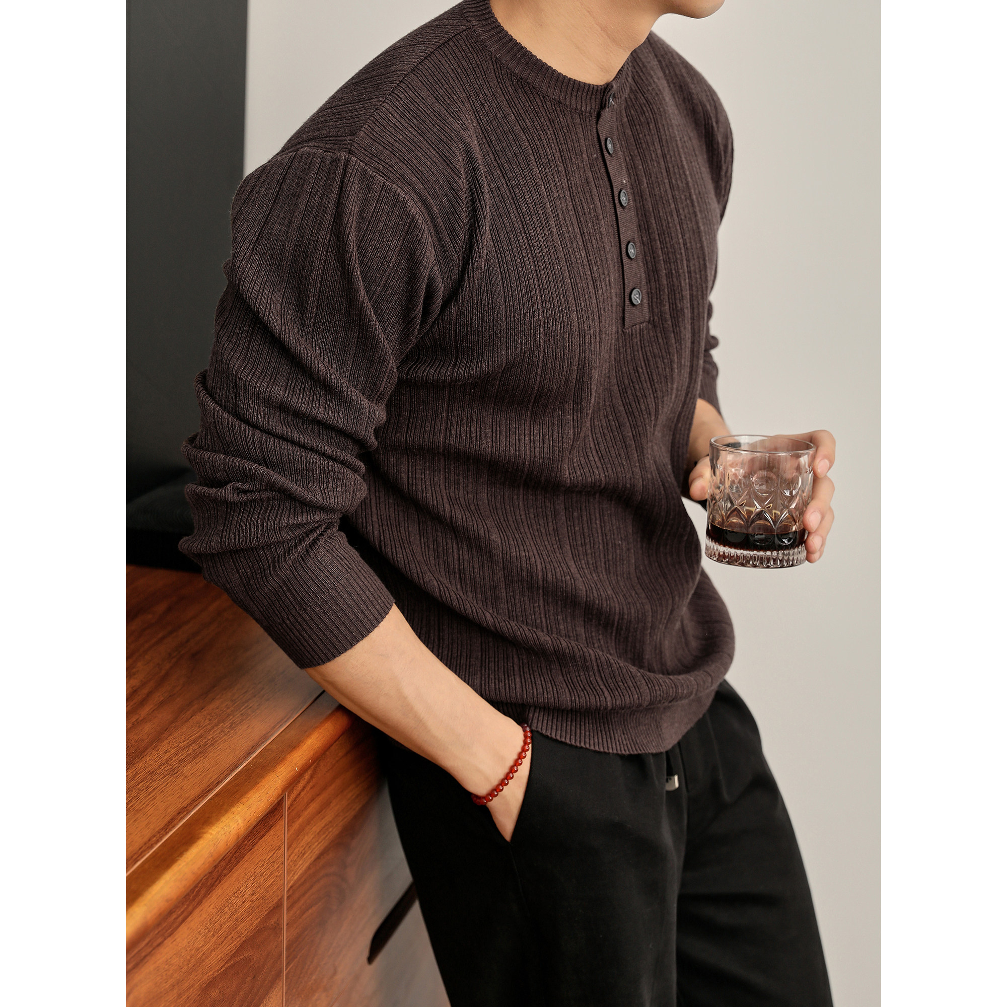 LUUD 美式复古亨利领竖纹肌理长袖针织衫T恤男波斯纶羊毛混纺毛衣,男装,针织衫/毛衣,淘宝优惠券,粉丝福利购,淘宝优惠卷