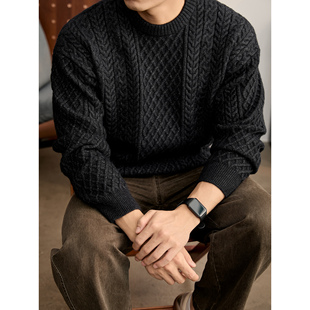 秋冬麻花编织肌理保暖长袖 男士 毛衣 简约百搭黑色圆领针织衫 LUUD
