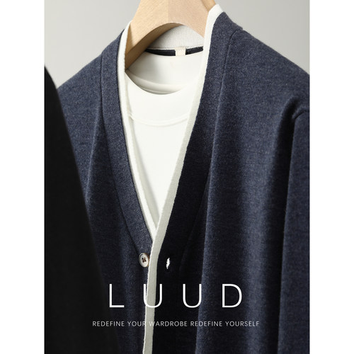 LUUD 简约随性假两件针织开衫柔软羊毛混纺撞色拼接V领毛衣外套男