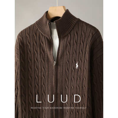LUUD 老钱风麻花肌理感男士针织开衫秋冬季高领莫代尔包芯纱外套