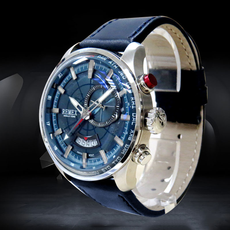REMEX时尚大表盘男士手表GMT商务防水多功能潮流不锈钢钢表夜光表