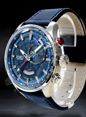 REMEX时尚大表盘男士手表GMT商务防水多功能潮流不锈钢钢表夜光表
