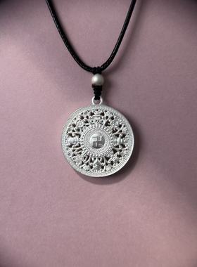 通体925纯银八宝罗盘项链新中式设计黑色皮绳小众毛衣链