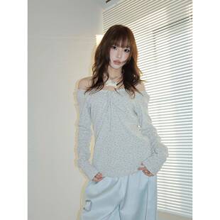 Rrichu「灰屿香颂」长袖t恤v领蝴蝶结系带外穿打底一字肩碎花上衣