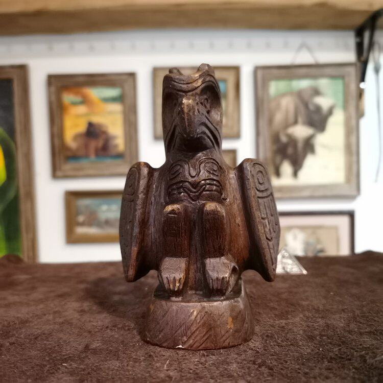 美国印第安海达部落原住民手工绘制雷鸟图腾柱古董实木雕装饰摆件