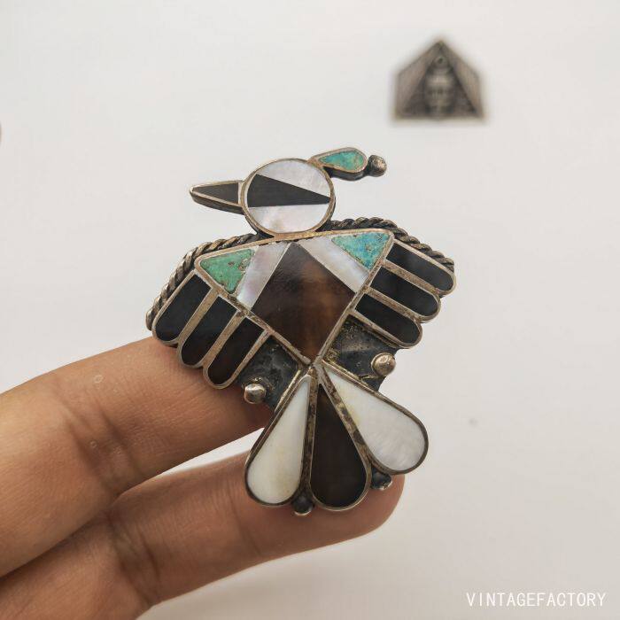 1940s美国印第安zuni部落雷鸟图腾纯银美式复古董收藏胸针男女款