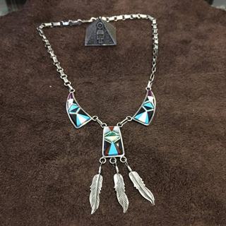 1970s美国印第安Zuni马赛克羽毛925纯银标古董个性孤品收藏项链女