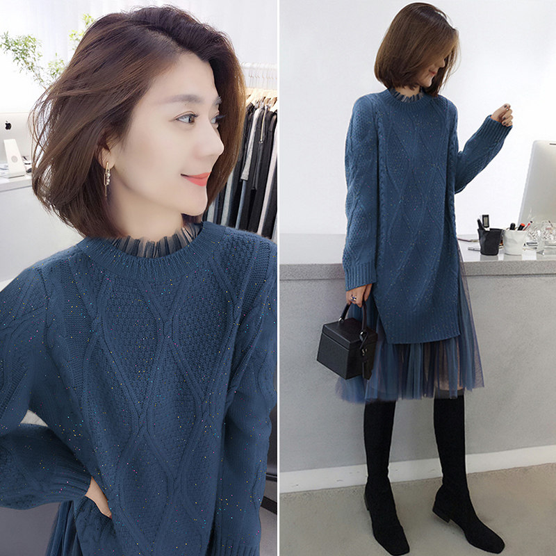 时尚网纱拼接中长打底针织连衣裙女欧洲站秋季女装2020新款欧货潮