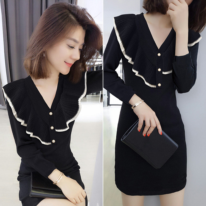 黑色连衣裙小妖精裙气质收腰长袖裙子欧洲站秋季女装2021新款欧货