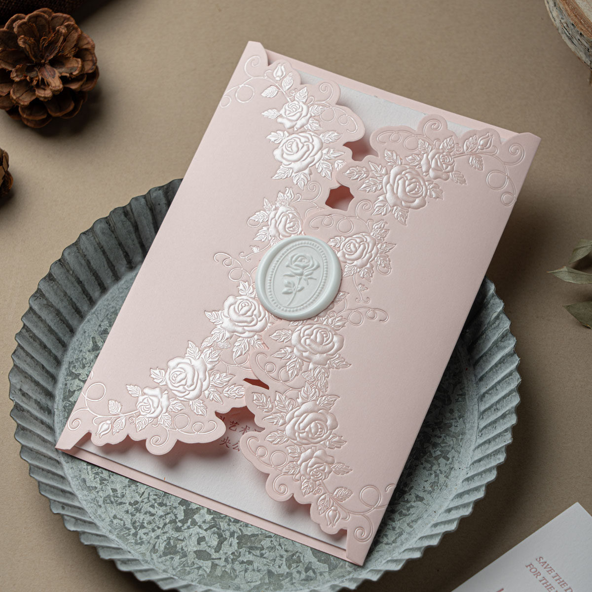新西式玫瑰婚礼请柬letterpress凸版定制请帖凹印喜帖粉色邀请函
