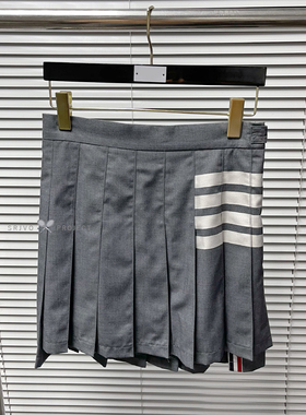 新款tb 一体色织白杠条纹四杠百褶裙短裙王心凌学院风少女高腰裙