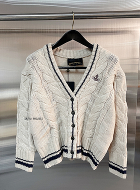 新款VW土星刺绣麻花V领针织毛衣西太后开衫外套