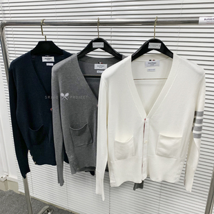 新款 经典 tb四杠条纹理纹男女红白蓝织带纽扣针织毛衣开衫