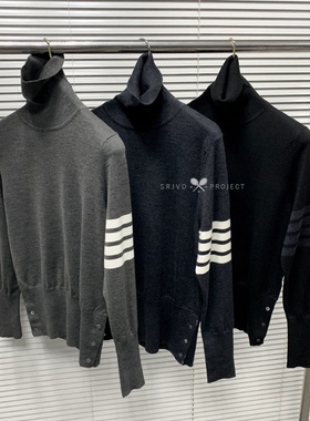 秋冬新款tb四杠条高领翻领美丽奴纯羊毛织带男女修身保暖套头毛衣