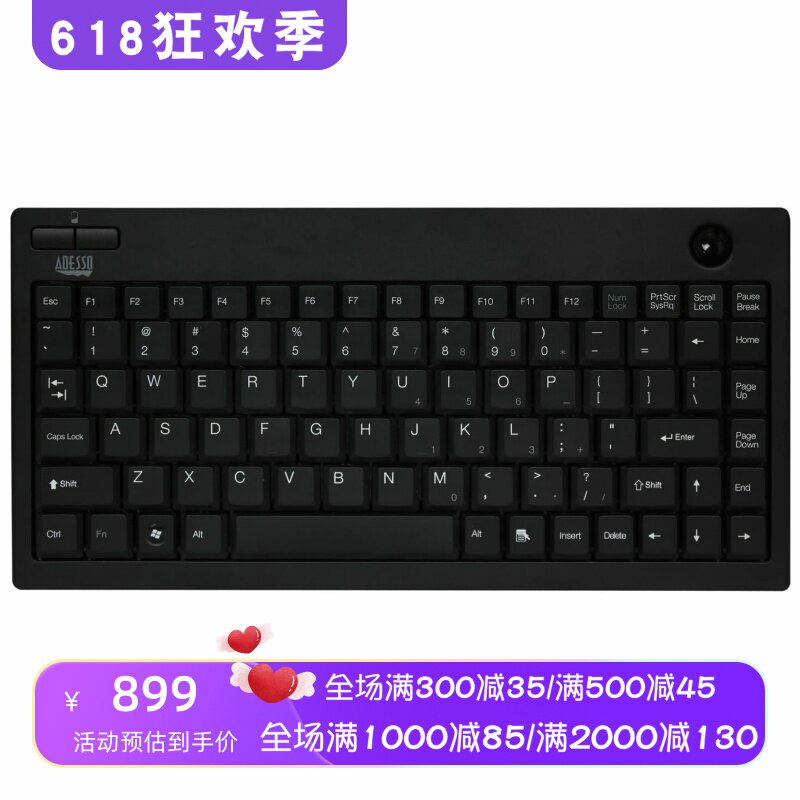 Adesso WKB-3100UB 无线键盘 内置轨迹球 紧凑型 便携 办公 黑色