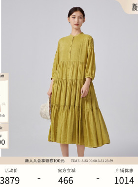 EXCEPTION例外女装春夏款连衣裙亚麻抽褶设计中长袖系带A字衬衫裙