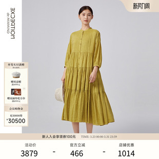 系带A字衬衫 连衣裙亚麻抽褶设计中长袖 裙 春夏款 EXCEPTION例外女装