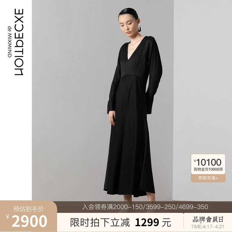 EXCEPTION例外女装春秋款气质时尚长裙高腰V领礼服感A字连衣裙_虎窝淘