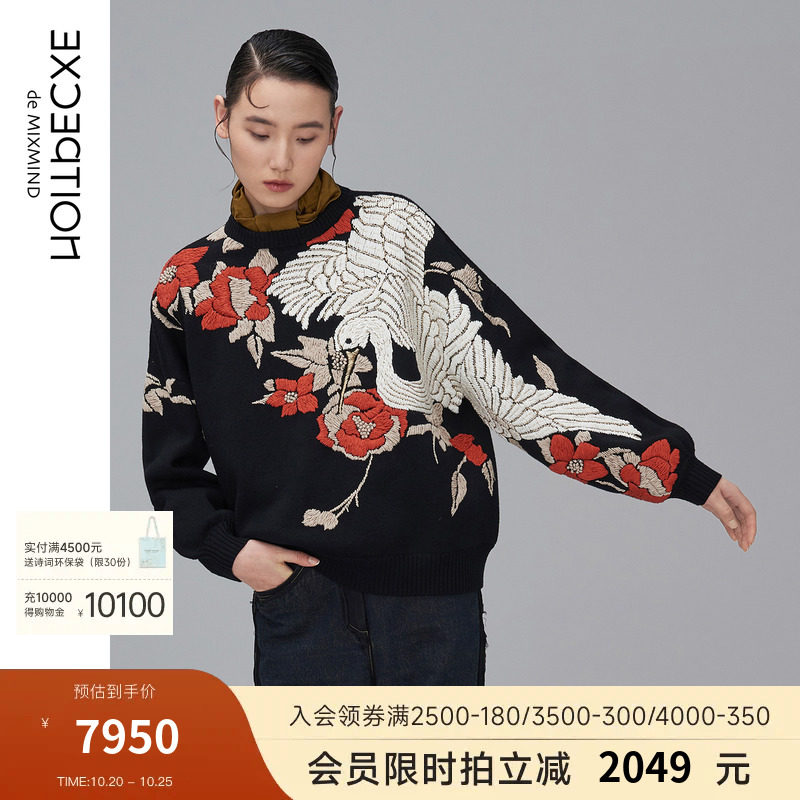 EXCEPTION例外女装春秋款立体手绣工艺设计圆领蝙蝠袖羊毛衫毛衣_虎窝淘