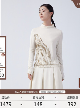 EXCEPTION例外女装秋冬款丝光羊毛保暖印花图案新中式修身长袖T恤