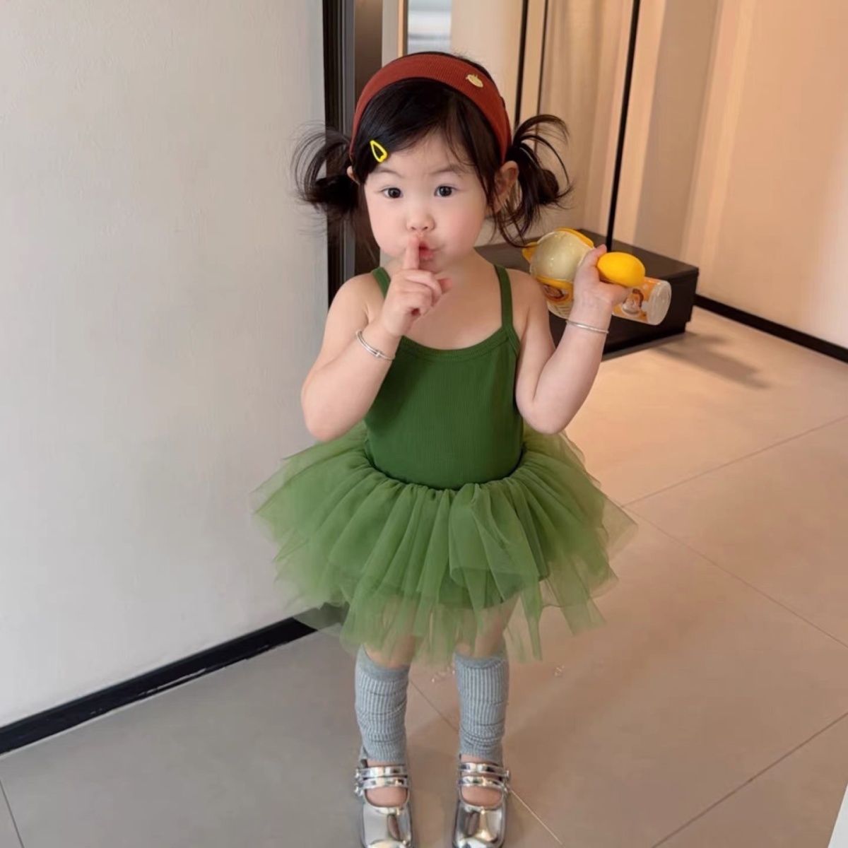 女童夏季绿色蓬蓬纱裙三件套