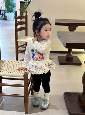 HelloKitty套装女童卡通打底衫秋季洋气儿童黑色紧身裤彩色小屁帘