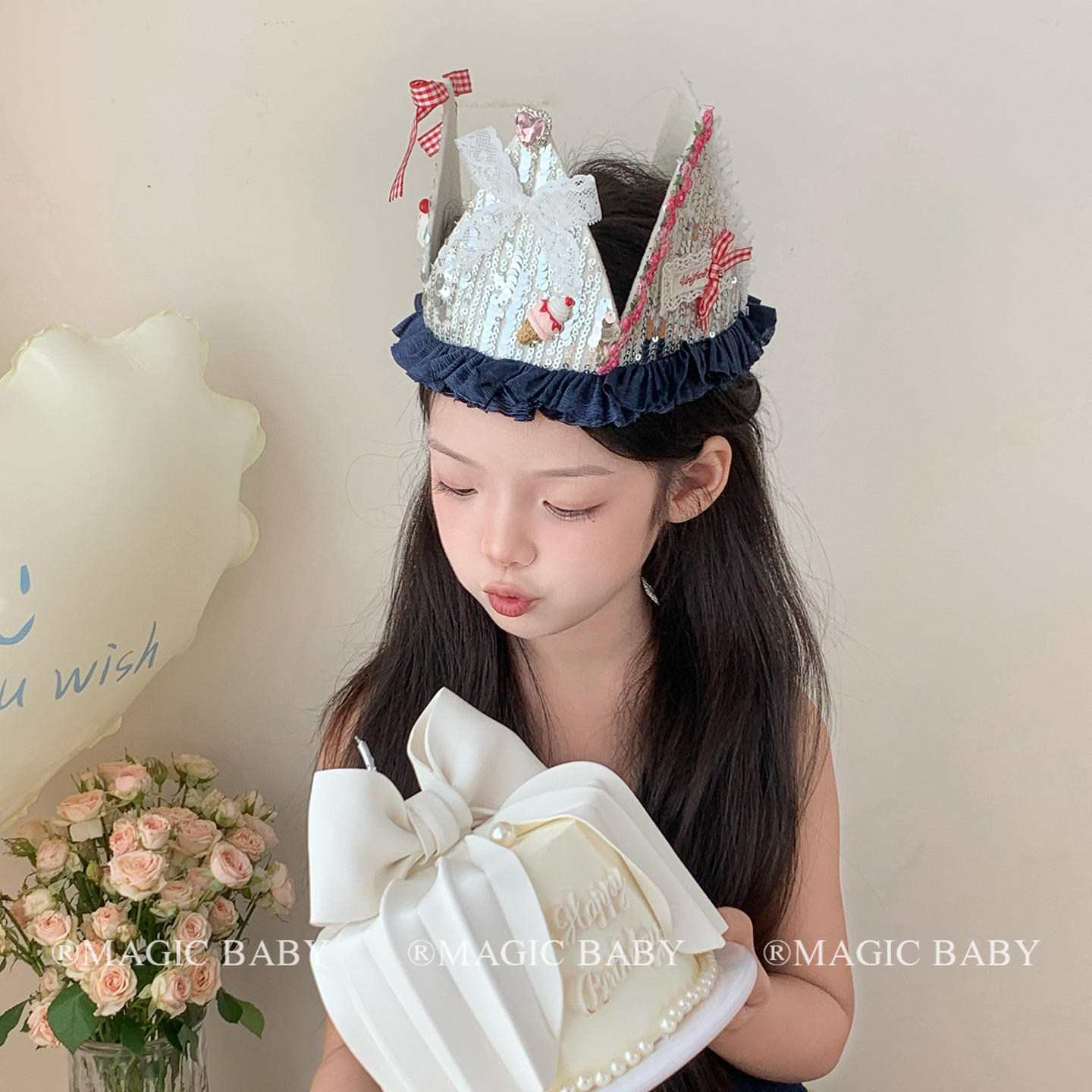 女童银色亮片水钻皇冠生日头饰