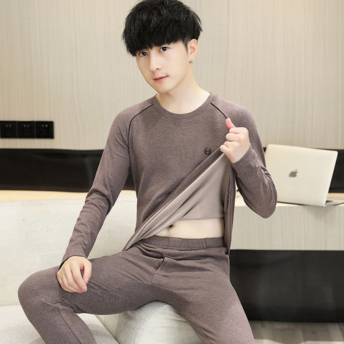 德绒保暖内衣男款青少年秋冬季双面磨毛打底贴身发热秋衣秋裤套装