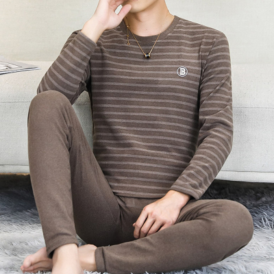 德绒发热衣男士秋冬季条纹内穿打底秋衣卫生裤中老年爸爸衬衫内搭