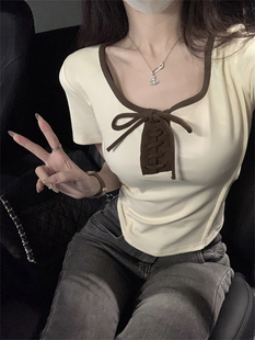 显瘦短款 设计感方领绑带T恤女夏季 修身 韩版 甜辣正肩上衣 2024新款