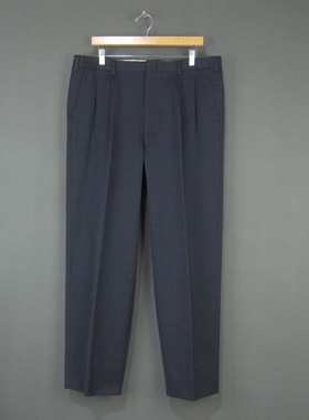 中国产 褶皱蓝色休闲羊毛长裤 绅士商务阔腿锥形男装西裤大码 W92