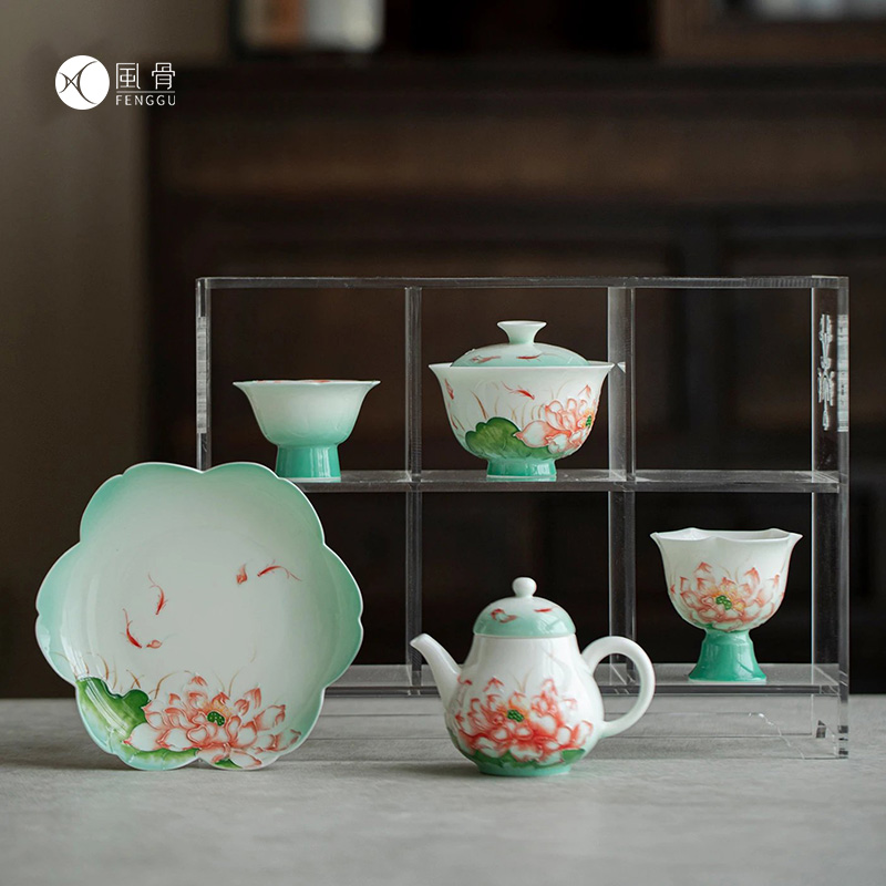 盛夏限定手绘莲花主题功夫茶具