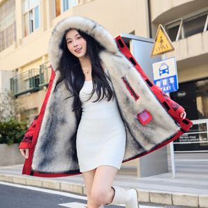 派克服女2024新款爆款情侣迷彩皮草中长款仿貂内胆可拆卸加绒外套