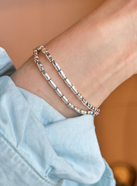 925纯银双层链条米粒手链女精致手工编织椭圆扁珠可调节手环6494L