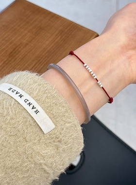 S925纯银简约银珠红绳女叠戴新中式小巧玉髓半镯手链轻奢高级感
