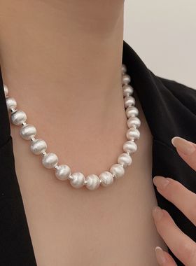 通体S925纯银圆球拉丝重工项链女独特夸张大银珠锁骨链小众高级感
