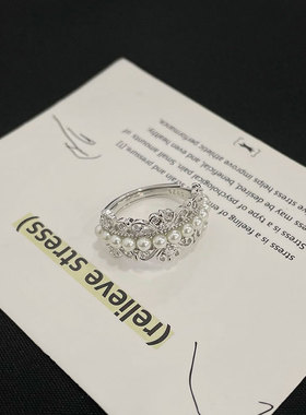 精致珍珠蕾丝纯银戒指女时尚气质洛丽塔皇冠花边银戒轻奢高级感