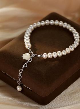 简约百搭天然淡水珍珠手链S925纯银铃兰花贝壳手串女轻奢高级感