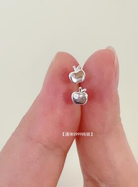 通体S999足银迷你小苹果耳钉女可爱精致养耳洞女童苹果耳饰纯银