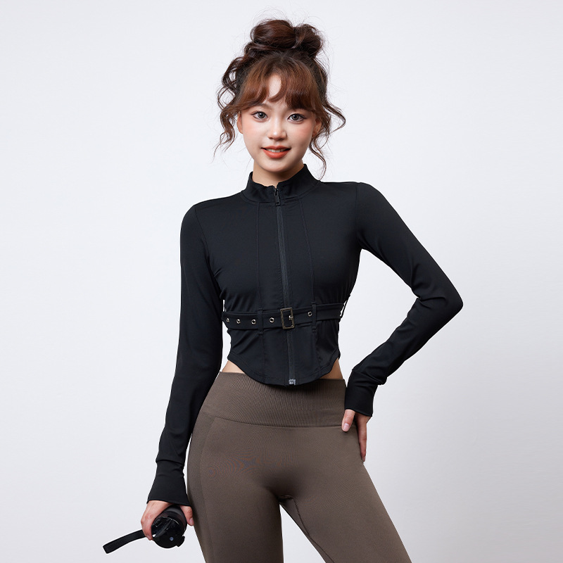 欧美性感机车风骑行运动上衣女秋冬立领紧身瑜伽外套长袖健身服