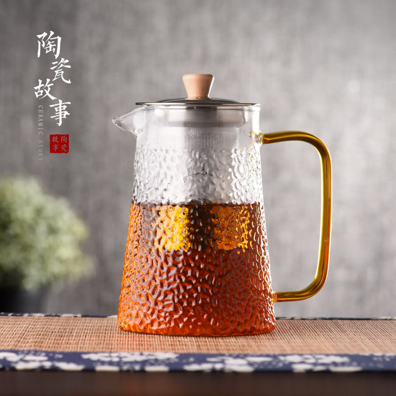 陶瓷故事玻璃泡茶壶冷水壶锤纹不锈钢内胆家用大容量水壶套组茶具