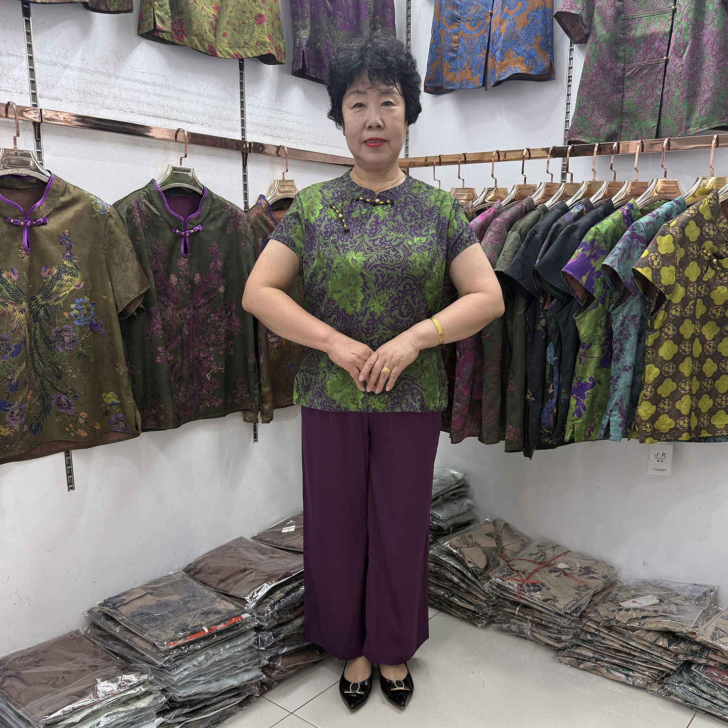 妈妈夏装改良旗袍领短袖两件套女复古印花上衣顺滑垂感紫色阔腿裤