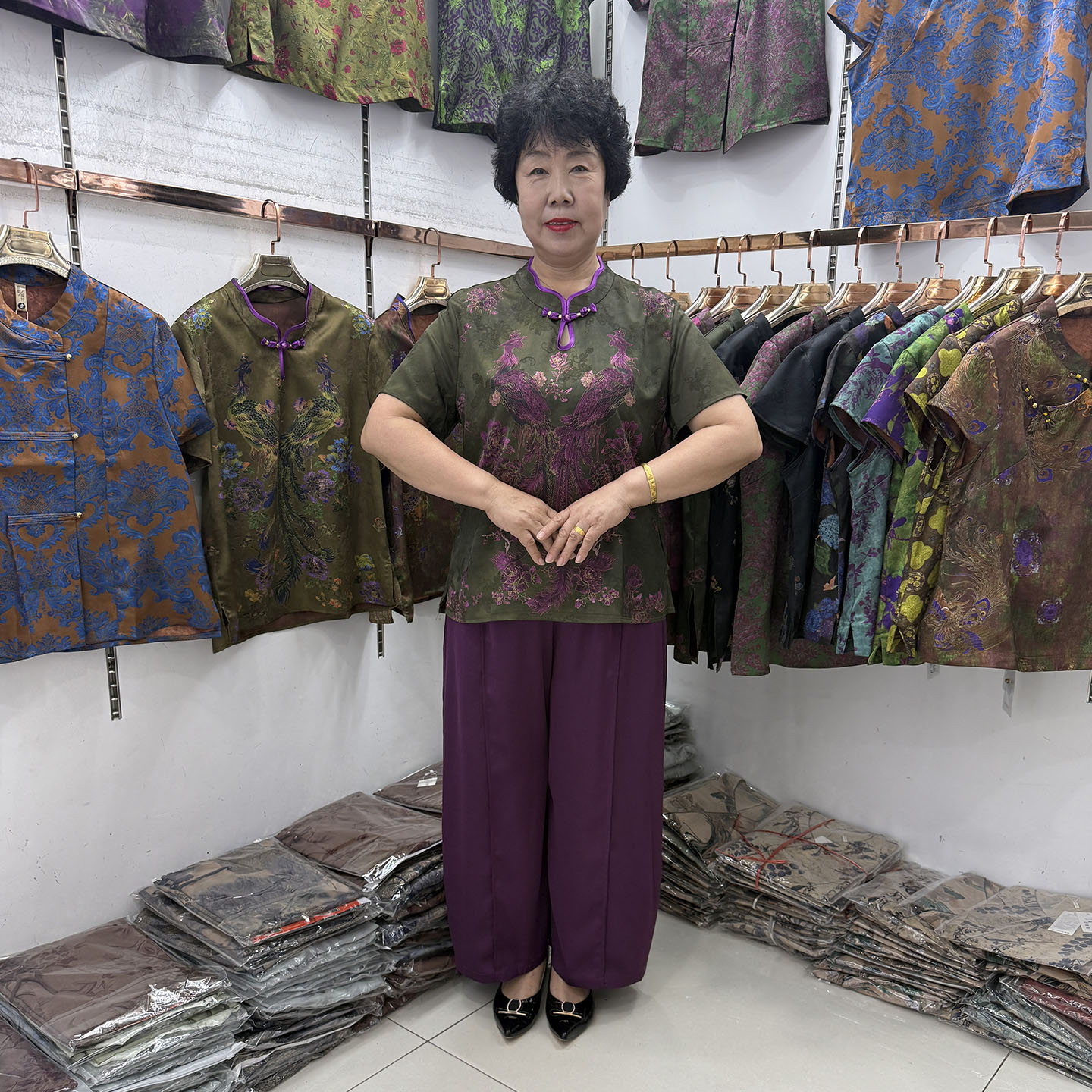 【推荐】中年妈妈夏季短袖套装2026印花改良旗袍上衣+紫色阔腿裤
