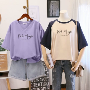 韩版 女装 夏季 宽松T恤短袖 胖mm大码 女2023新款 纯棉洋气减龄上衣服