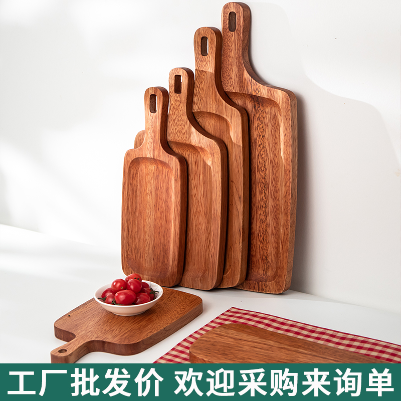 长方形木质牛排盘西餐盘带把手实木披萨板托盘木制餐盘牛扒木盘子