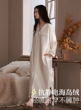 轩靓轻奢睡袍女冬季加绒珊瑚绒睡裙薄绒睡衣海岛绒高级感家居服