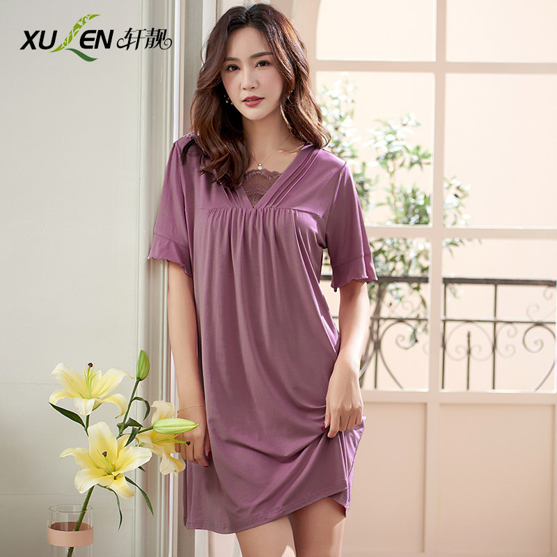 睡裙女夏季短袖薄款莫代尔宽松大码夏天夏款女式蕾丝长款睡衣裙子