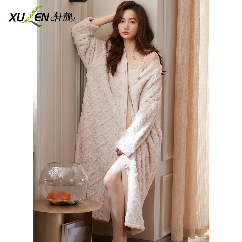 2022年新款法兰绒提花睡袍女秋冬季珊瑚绒加厚保暖性感浴袍家居服