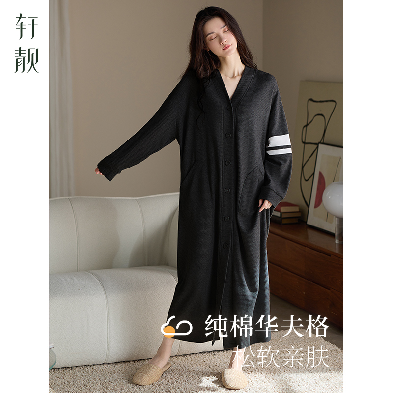 轩靓睡袍女秋冬季纯棉长袖长款睡裙华夫格睡衣2025新款春秋家居服