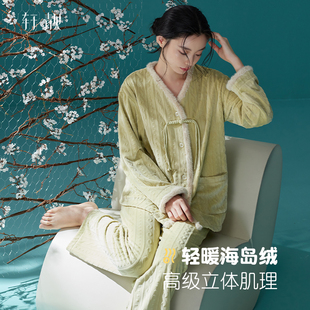加绒加厚海岛绒保暖珊瑚绒春秋家居服套装 轩靓新中式 睡衣女秋冬季